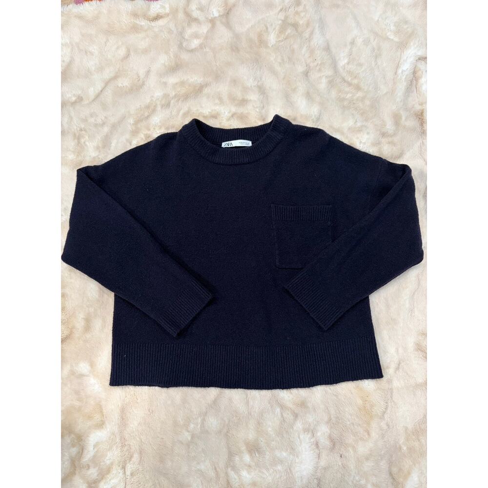 Zara Knit Navy Blue Cropped Sweater Women’s M Ribbed Pocket Soft
